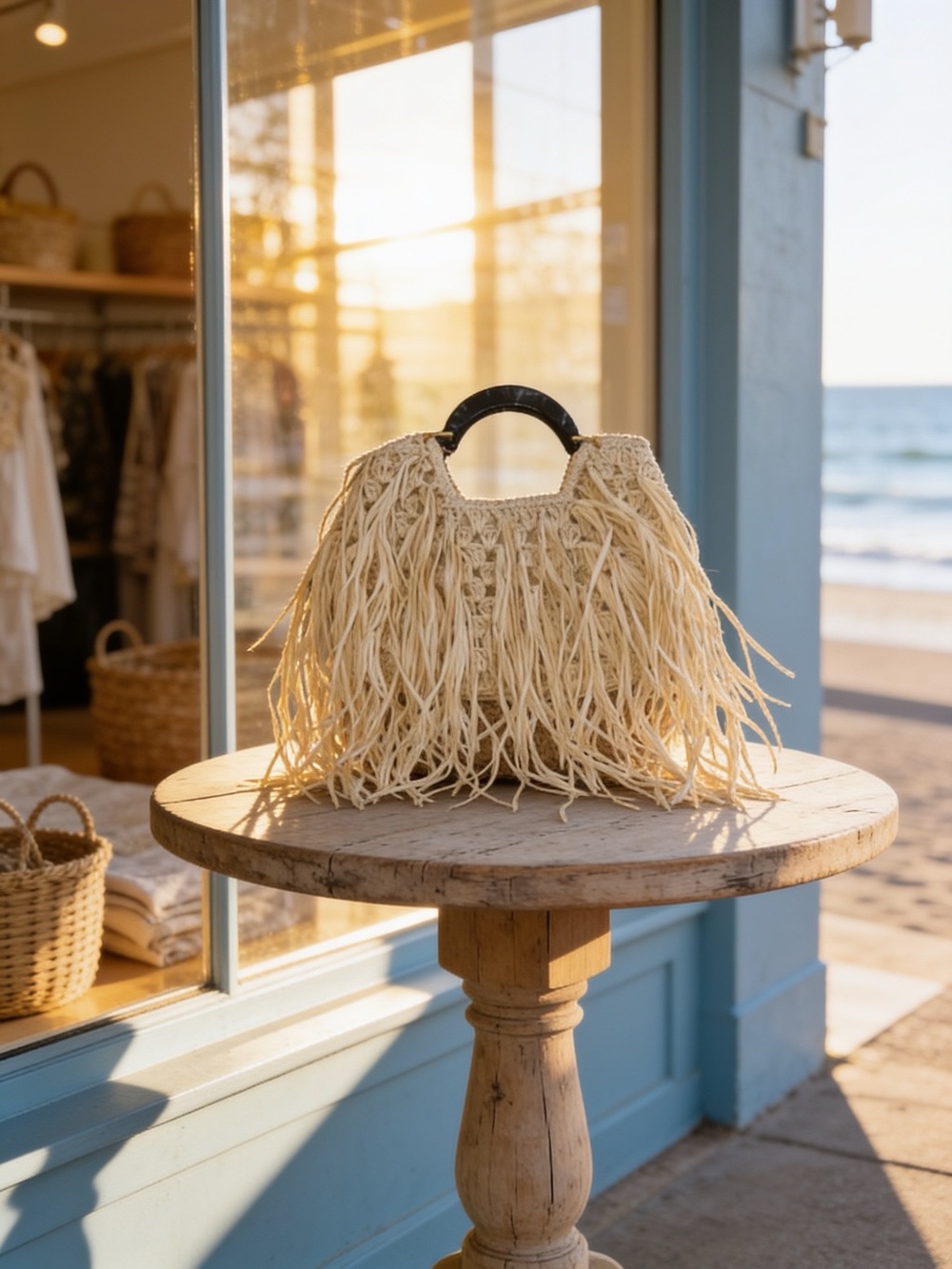 Natural Straw Fringe Tote with Black Handle - Picture 1 of 16